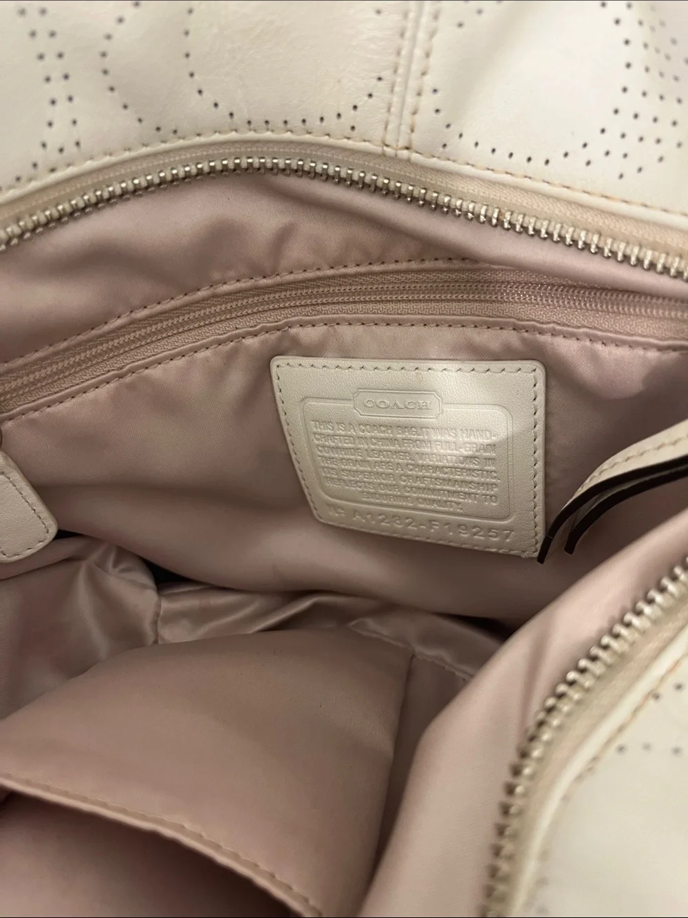 Coach Off White Perforated Signature Leather Shoulder Bag Pink Lining